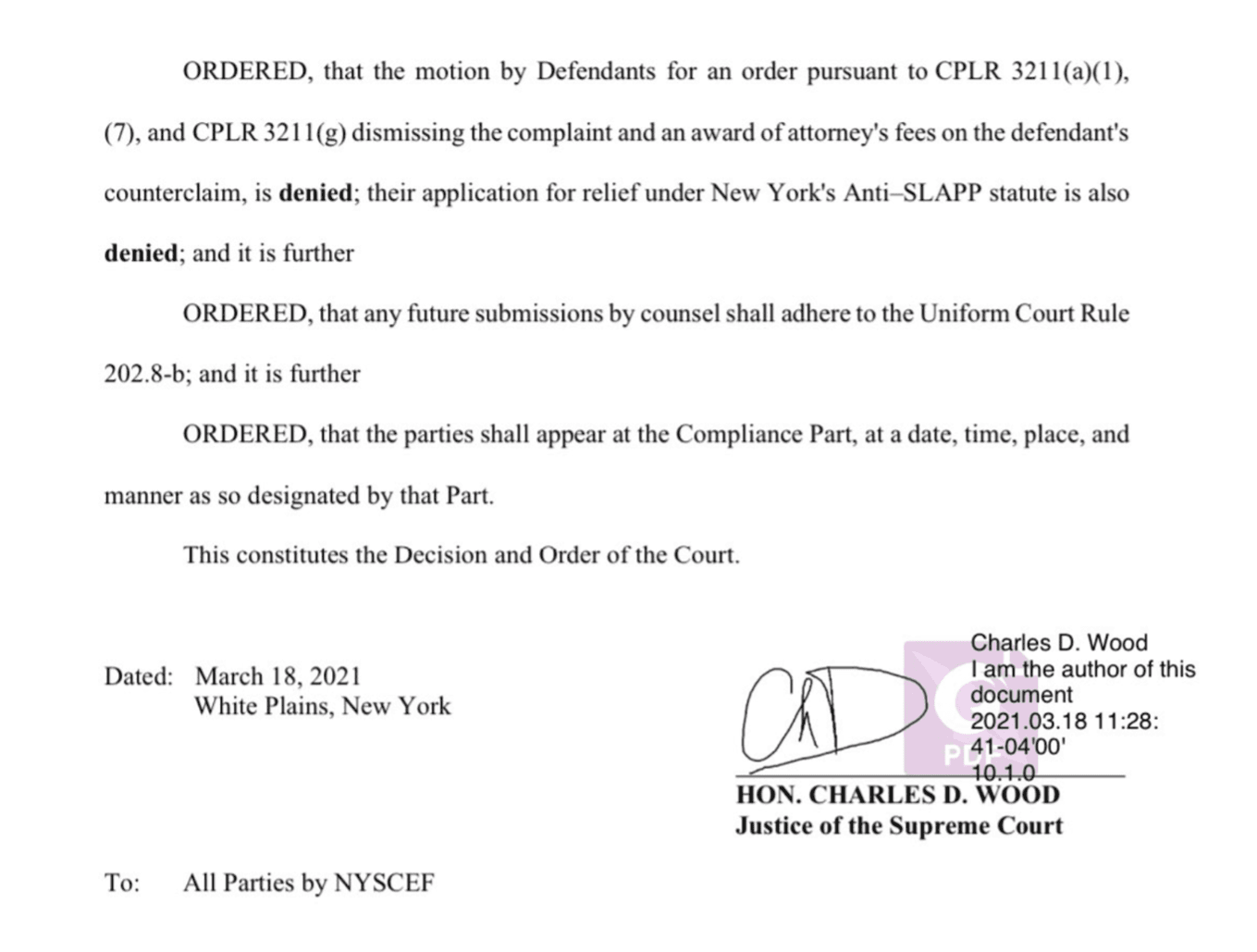NYT Motion to dismiss DENIED