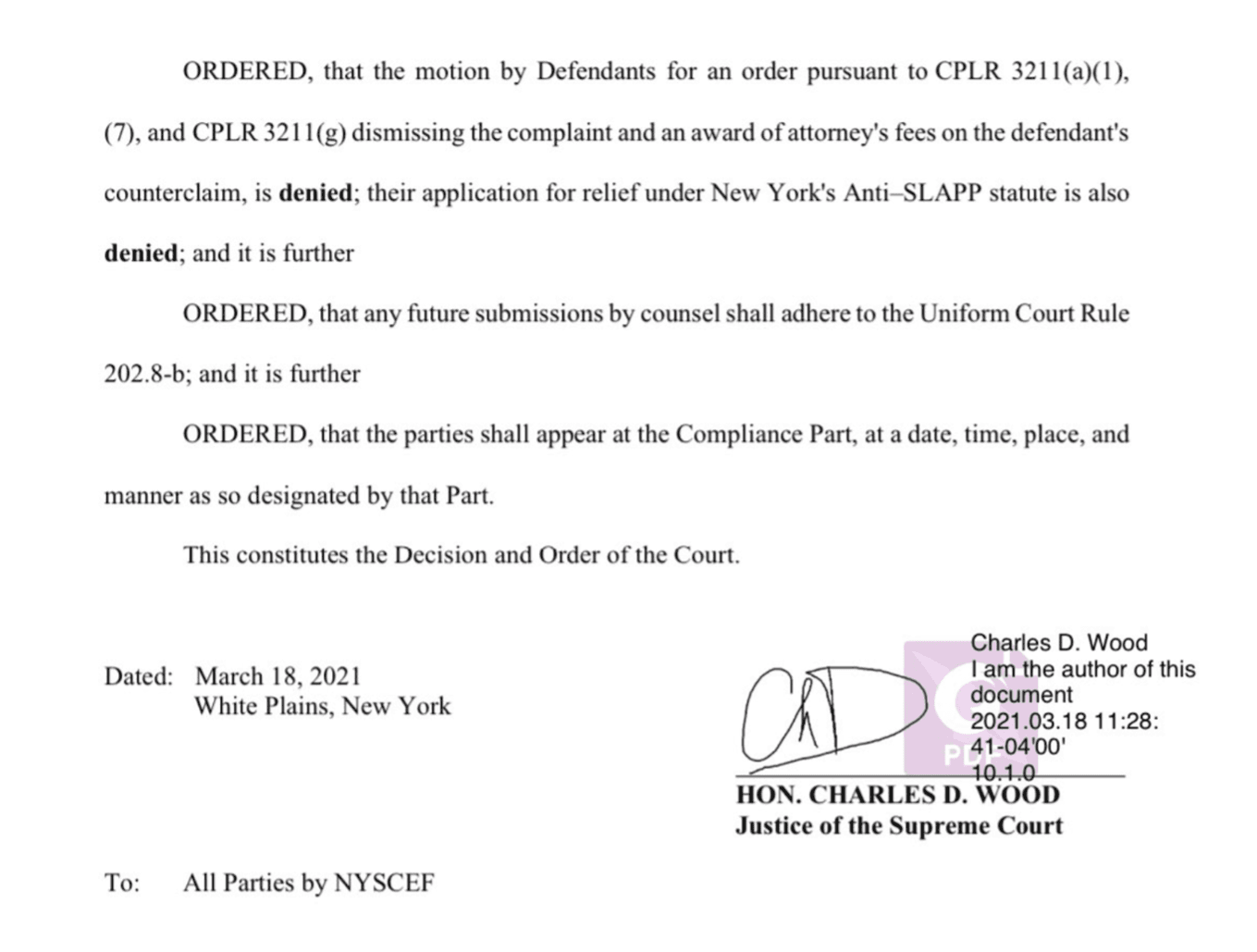 NYT Motion to dismiss DENIED 