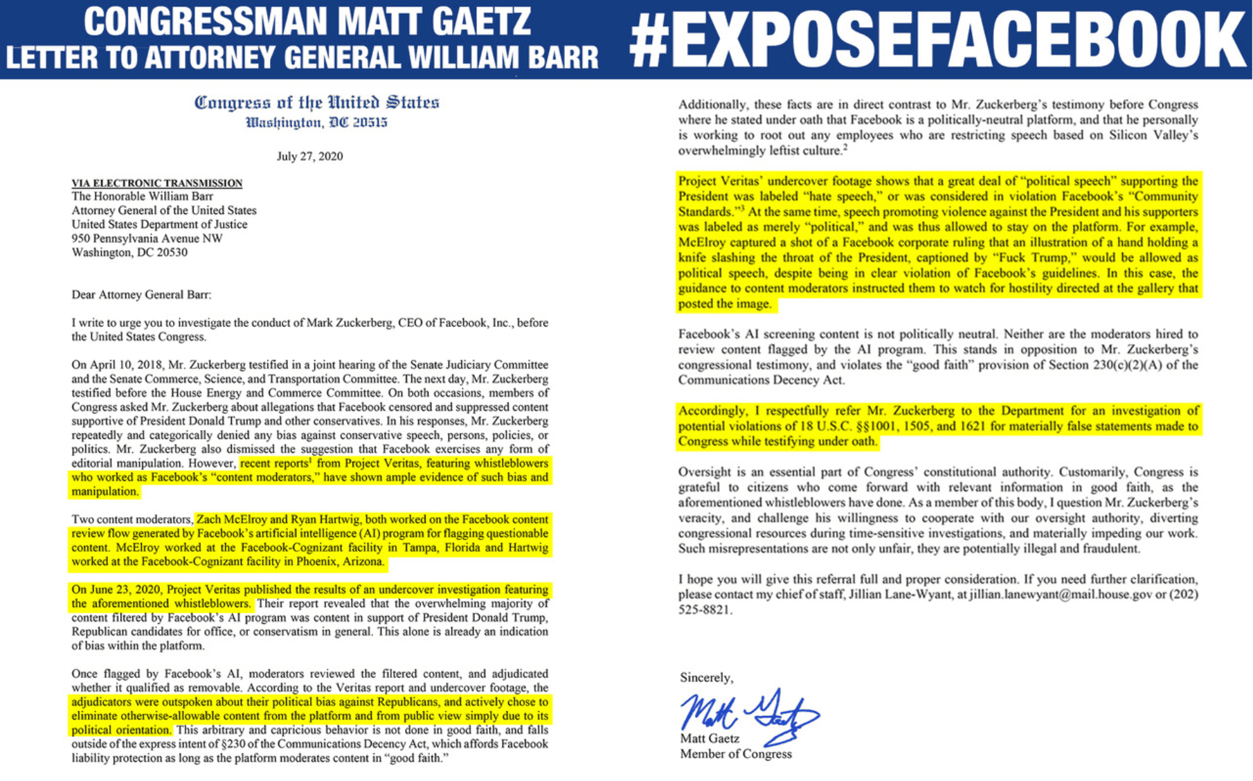 Gaetz Letter Side By Side 