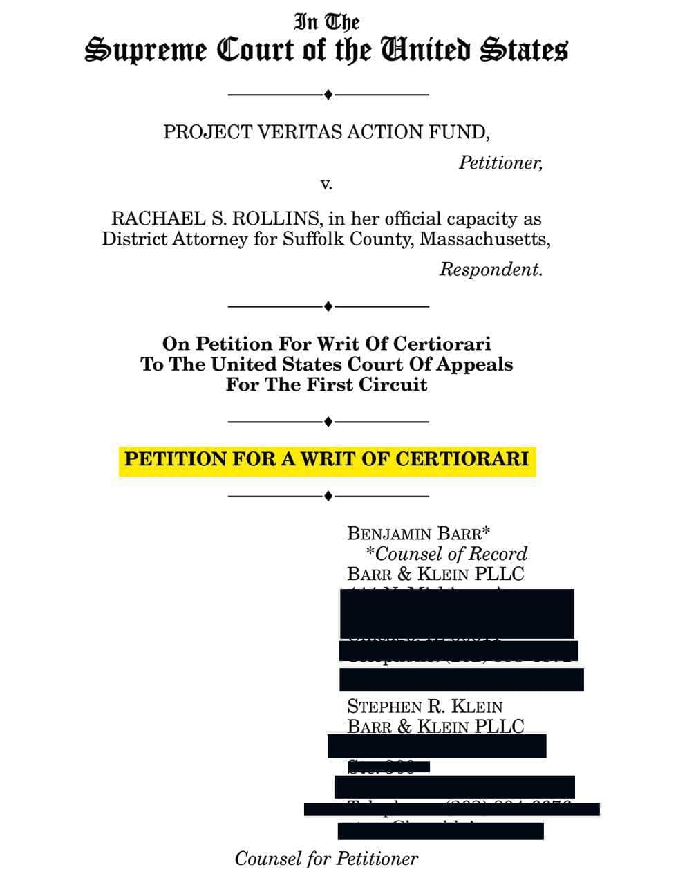 Petition for Writ of Certatori